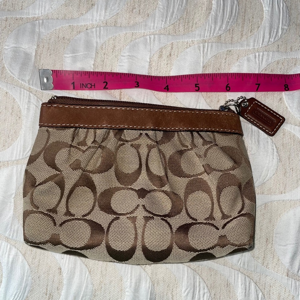 Coach Signature C Jacquard Wristlet Pouch Brown Khaki Leather Trim Y2K Zip - Picture 5 of 9